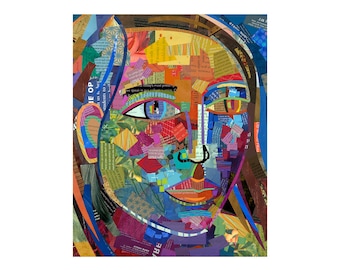 8x10 print of collage art portrait, primitive folk art girl, colorful art by Elizabeth Rosen