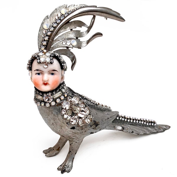 bird girl assemblage art, 6" long anthropomorphic small standing sculpture, primitive folk art by Elizabeth Rosen
