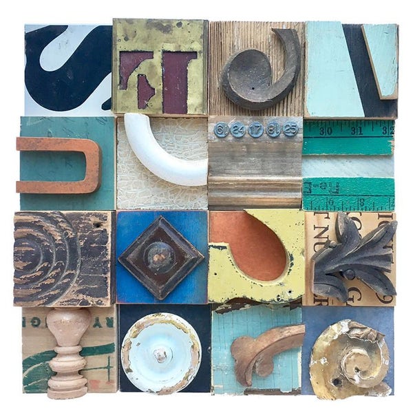 wood collage wall art, mixed media assemblage art, typographical original art by Elizabeth Rosen