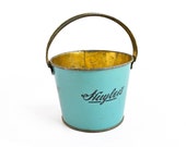 vintage tin bucket, HUYLERS tin, easter basket, small tin bucket, robins egg blue, advertising tin, from Elizabeth Rosen