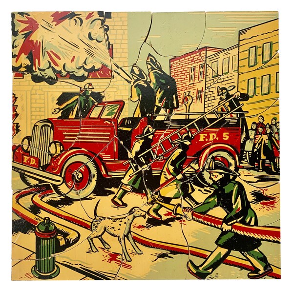 vintage wooden puzzle, fire engine fire fighters toy, mid century wooden toy, nursery playroom decor