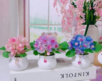 Beaded Hydrangea Potted Plant, Handmade Copper Wire Floral Arrangement, Desktop Ornament Set