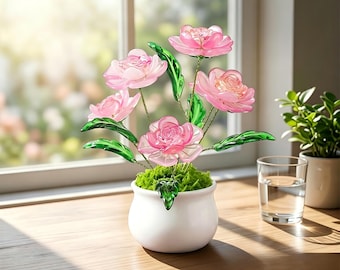 Handmade acrylic pink rose bonsai, easy-care desktop decoration, soothing little ornament, creative gift.
