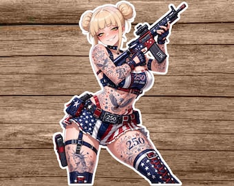Naklejka z anime Stars and Stripes Tactical Girl, naklejka USA 250 Freedom Waifu, patriotyczna naklejka winylowa
