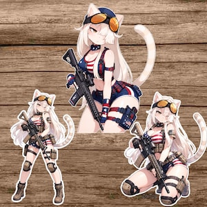 May include: Three stickers featuring an anime-style cat-eared character with long white hair, wearing goggles, a blue and red American flag patterned top and shorts, and tactical gear. The character holds a black rifle in various poses.