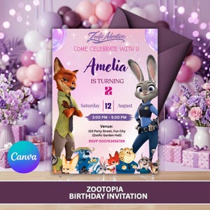 Könnte beinhalten: Zootopia-Geburtstagseinladung mit Nick Wilde und Judy Hopps. Die Einladung ist für Amelias zweiten Geburtstag, mit Datum, Uhrzeit und Veranstaltungsort. Das Design verwendet ein lila und rosa Farbschema mit Luftballons und floralen Akzenten.