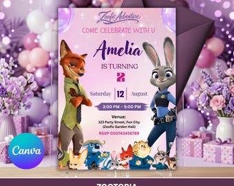 Zootopia 2 födelsedagsinbjudan redigerbar mall, Zootopia digital nedladdning, Judy Hopps, Zootropolis inbjudan