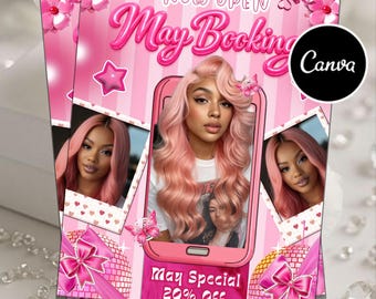 Bokningsflyer för maj, bokningsflyer för mors dag, öppettider för maj, flygblad för tider i maj, flygblad för hårflätor, peruker, fransar, redigerbar Canva