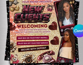 Bokningsflyer för nya kunder, Boka nu-flyer, Specialflyer för nya kunder, Smink, Hår, Fransar, Naglar, DIY Canva-mall, Kärlek i håret
