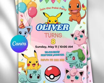 Pokémon födelsedagsinbjudan, Pokémon festinbjudan, barnkortsmall, redigerbar canvas digital nedladdning