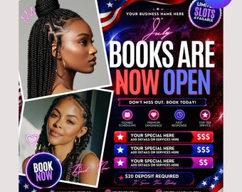 July Booking Flyer, July 4th Flyer, Now Booking July, Hair Braid Lash Brow Flyer, Books Open, Nail wig install Hair Flyer, Canva Editable