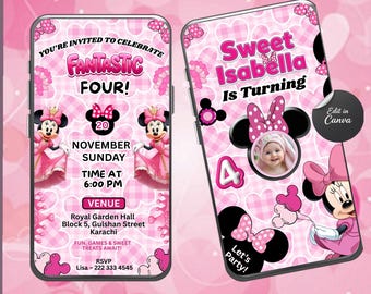 Minnie Mouse födelsedagsvideoinbjudan, rosa rosettflicka födelsedagsvideoinbjudan, animerad födelsedagspresent, direktnedladdning, redigerbar i Canva