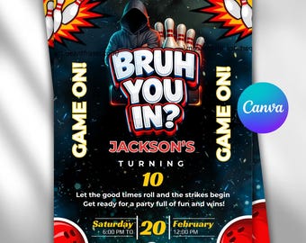 Inbjudan till bowlingfödelsedag, låt oss ha lite kul, inbjudan till bowlingfödelsedagsfest för tjejer, rosa bowlingfest, redigerbar Canvas-mall