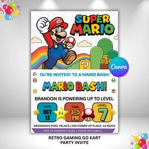 Könnte beinhalten: Eine Einladung zu einer Super Mario-Motto-Party. Das Design zeigt Mario beim Springen, einen Regenbogen und grüne Hügel. Die Einladung enthält den Text "Mario Bash!" und Details zur Veranstaltung.