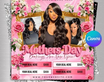 Bokningsflyer för mors dag, flygblad för bokning tillgänglig i maj, specialbokningar för mors dag, fransar för mors dag, peruk i maj, naglar i maj, redigerbar canvas