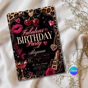Cheetah Cherries Birthday Invitation, Neon Pink Red Leopard, Glam Girls Night Out, Editable Canva Template,DIY text, Instant Download