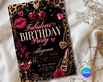 Cheetah Cherries Birthday Invitation, Neon Pink Red Leopard, Glam Girls Night Out, Editable Canva Template,DIY text, Instant Download