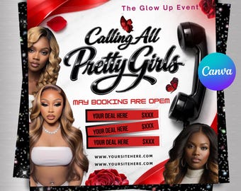 Bokningsflyer för nya kunder, Boka nu-flyer, Specialflyer för nya kunder, Smink, Hår, Fransar, Naglar, DIY Canva-mall, Kärlek i håret