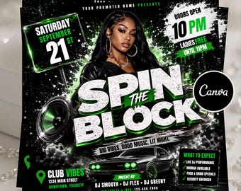 Spin The Block Party Flyer, Saturday Block Party Flyer, DJ Night Flyer, Editable Party flyer, DIY Text,Canva Editable
