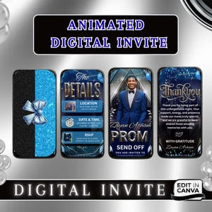 Könnte beinhalten: Animierte digitale Einladung mit blauem und schwarzem Design. Die Einladung enthält Details für eine Abschlussballveranstaltung, einschließlich Datum, Uhrzeit, Ort und RSVP-Informationen. Das Design zeigt ein Foto einer Person in einem blauen Anzug.