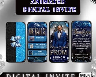 Blå balinbjudan, animerad balfestinbjudan, mall för balfest för män, digital balfestidé, gör-det-själv Canva e-inbjudan