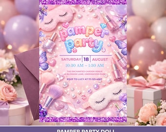 Pamper Party Birthday Invitation, Spa Sleepover Girls Invitation, Editable Canva Template, Pastel Glitter Spa Birthday, Printable Pink Party