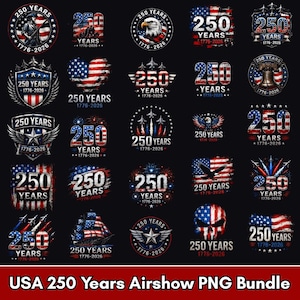 Könnte beinhalten: Eine digitale Sammlung von fünfundzwanzig Grafikdesigns zur Feier des 250-jährigen Jubiläums der USA von 1776 bis 2026. Die Designs zeigen patriotische Elemente wie die US-Flagge, Weißkopfseeadler, Kampfjets, Sterne und den Text 250 YEARS.