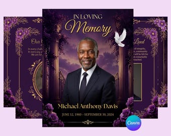 Purple Rose Funeral Announcement Flyer: Celebration of Life Canva Template (Digital Download)