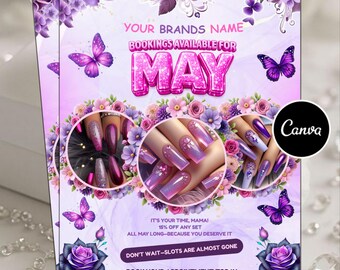 Bokningsflyer för maj, bokningsflyer för mors dag, öppettider för maj, flygblad för tider i maj, flygblad för hårflätor, peruker, fransar, redigerbar Canva