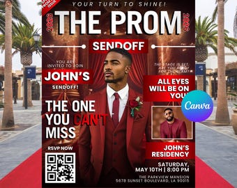 Inbjudan till balens utskickstidning, inbjudan till balkungens fest, flygblad för pojkars balkväll, röd redigerbar canvasmall, digital nedladdning för gymnasiet