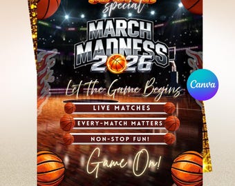 March Madness 2026 basketflyer, inbjudan till livematcher, roligt evenemang utan avbrott, redigerbar Canva-mall, inbjudan till sportfest