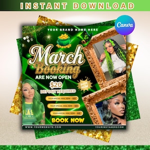 Könnte beinhalten: Ein digitaler Flyer in Grün und Gold mit dem Text "March Booking Are Now Open" und "Sofort-Download". Er zeigt Bilder von Frauen mit grünen Haaren, einen Goldtopf und einen Leprechaun-Hut. Der Flyer enthält auch den Text "Book Now".