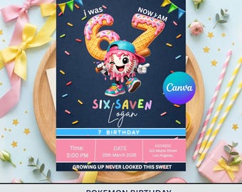 Editable Six Seven Party Invitation Template | I Was 6 Now 7 Meme Theme | Ice Cream Kids Birthday Evite | Printable Canva Template
