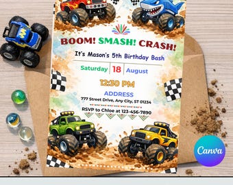 Inbjudan till Monster Truck-födelsedag, inbjudan till Monster Truck-fest, redigerbar Canvas-mall A214