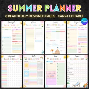 May include: A digital summer planner set featuring eight colourful, editable pages with pastel themes. The layout includes daily to-do lists, checklists, behaviour and reward charts, screen time trackers, and allowance logs with icons like suns and sandcastles.