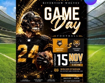 Game Day Football Flyer Template, Sports Party Invitation, Digital Download, Digital Game Day Flyer, Game Posters, Canva Editable Template