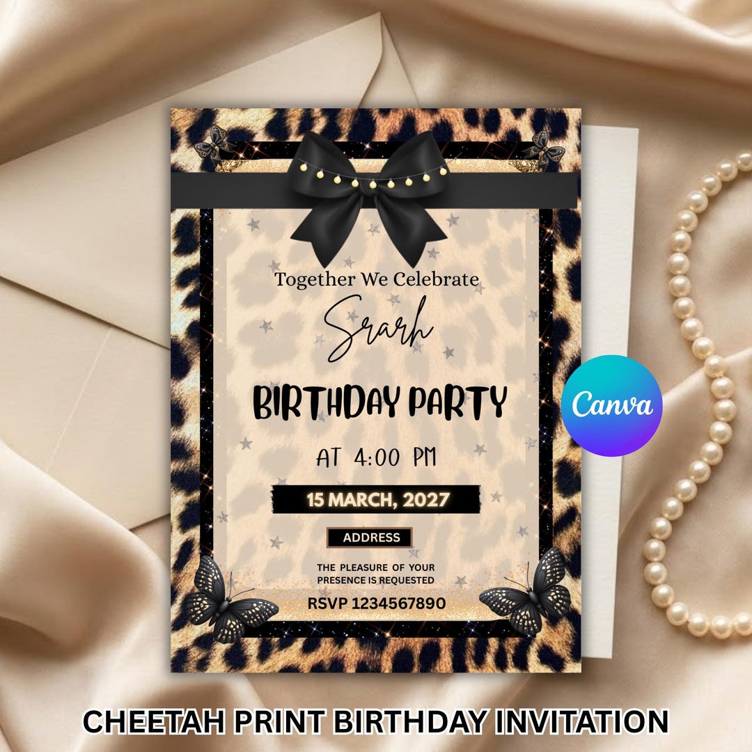Cheetah Print Birthday Invitation, Black Bow Coquette Party Printable ...