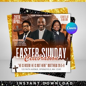 Könnte beinhalten: Ein Flyer zur Feier des Ostersonntags mit drei Personen, einem Kreuz und dem Text "HE IS RISEN! HE IS NOT HERE" MATTHEW 28:5-8. Der Flyer enthält Datum, Uhrzeit und Redner.