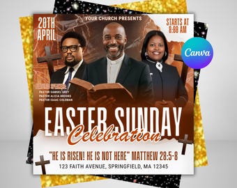 Påskdagens kyrkoflyer, kyrkoevenemang, pastoruppskattning, gudstjänstsöndag, bibelstudier, uppståndelseflyer, Han har uppstått, Canva-mall
