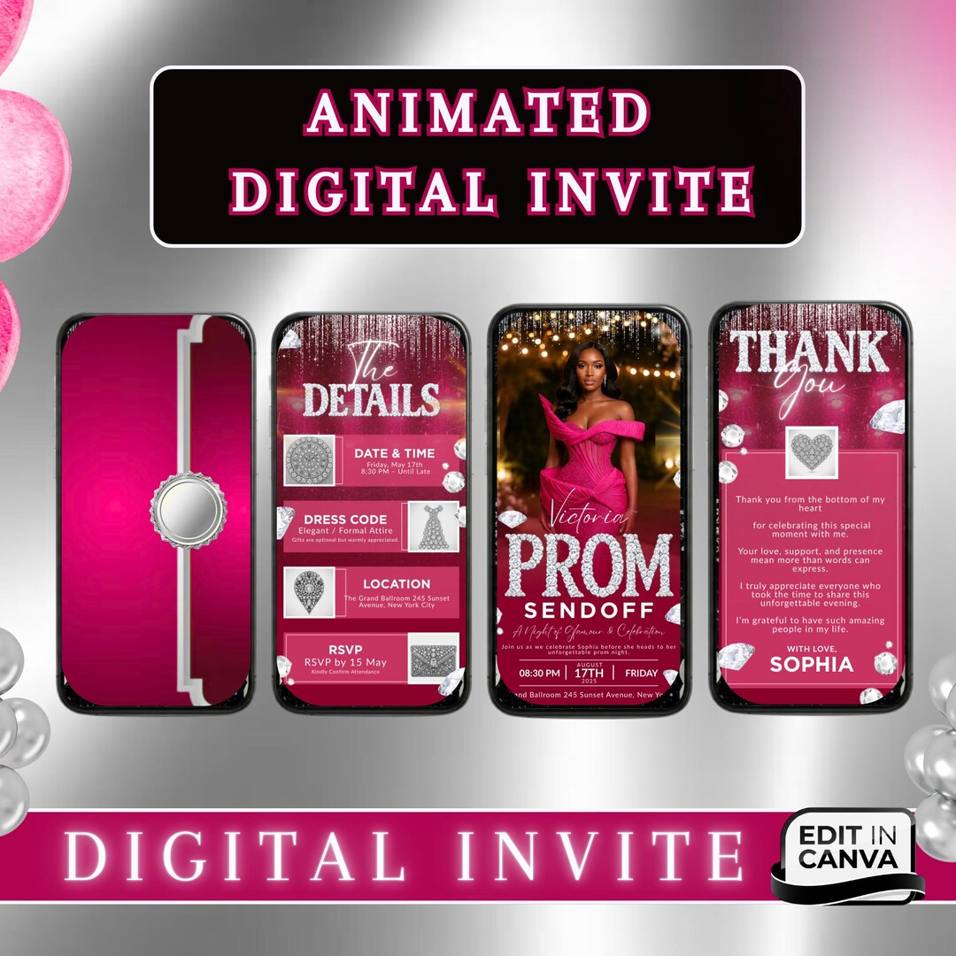 Whimsy Prom Invite Pink Prom Send off Invite, Prom Party Animated Invitation, Men Prom ...