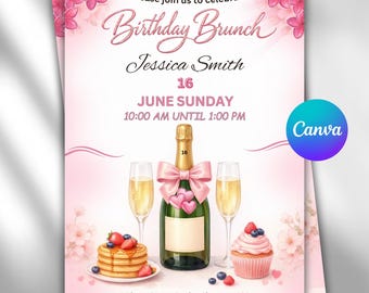 Inbjudan till födelsedagsbrunch, champagneinbjudan, pannkaksflyer med rosa cupcake-motiv, flickigt kokett-inbjudan, brunchfest, redigerbar canvasmall
