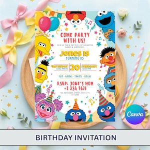 May include: A colorful birthday invitation featuring Sesame Street characters. The invitation includes the text "Come Party With Us!" and details for the party, including the name "Jones", date, time, and RSVP information. The invitation is surrounded by party decorations.