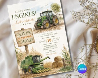Editable Tractor Birthday Invitation, Green Tractor Ranch Party Invite For Boy Girl Printable Tractor Farm Kid Birthday Evite Canva Template
