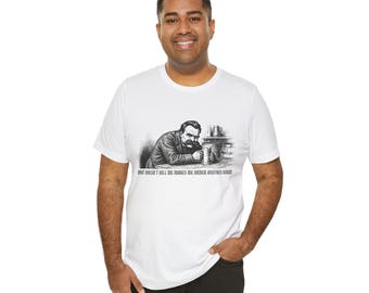 Nietzsche T-Shirt - What doesn't kill me makes me order another round - Funny Philosophy Shirt - Vintage Woodcut Tee - Gift for Students