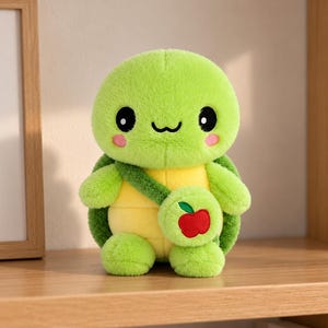 Peut inclure: Une peluche tortue en fourrure vert vif avec un ventre jaune et une carapace vert foncé. La tortue a de grands yeux noirs, une petite bouche souriante et des joues roses. Elle porte un sac bandoulière vert avec un motif de pomme rouge.