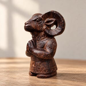 Könnte beinhalten: Eine dunkelbraune, geschnitzte Holzfigur eines Widders mit großen, geschwungenen Hörnern. Der Widder steht aufrecht, die Vorderhufe in einer gebetsähnlichen Geste zusammengelegt. Der Körper ist mit komplexen Spiral- und Geometriemustern verziert.