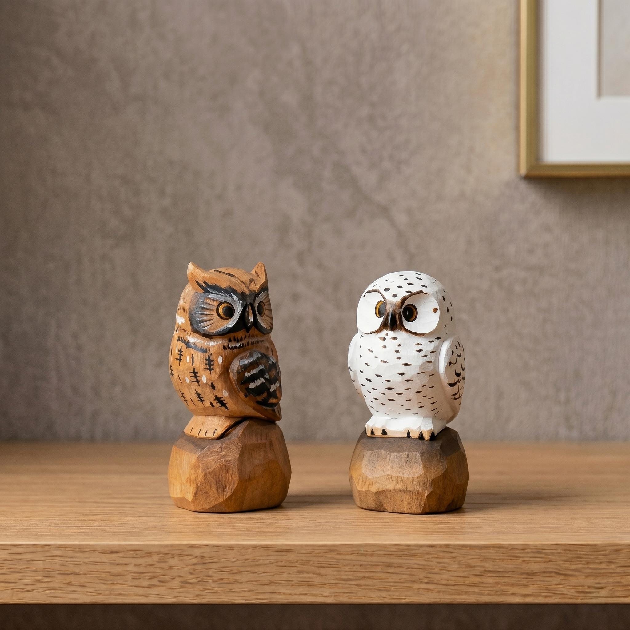 Hand Carved Wooden Owl Figurines – Rustic Home Decor Accent Statues