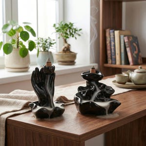 Ceramic Zen Backflow Incense Burner - Hand Lotus & Cascading Wave Smoke Waterfall, Noir Decor