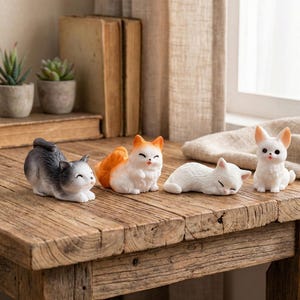 May include: A selection of miniature cat ornaments in different poses, including sitting and lying down. The figurines are white, grey, and orange, with black detailing. They are arranged on a rustic wooden table.