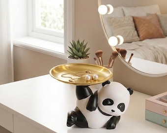 Panda Catchall Tray - Gold Jewelry Dish & Key Holder, Kawaii Desk Organizer, Valet Tray